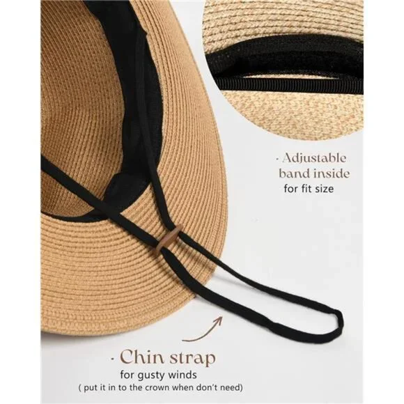 Wide Brim Straw Fedora Hat - Summer Beach Sun Hat with UPF Protection for Women